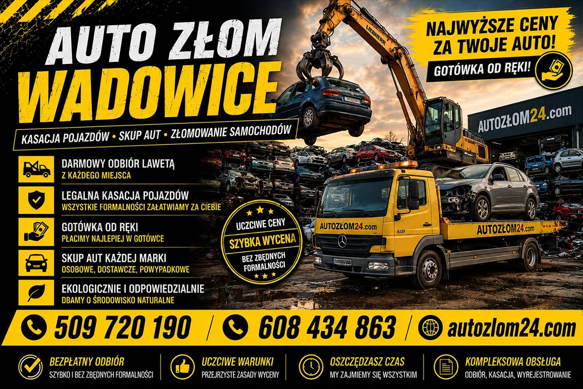 Odbiór uszkodzonego samochodu lawetą w Wadowicach
