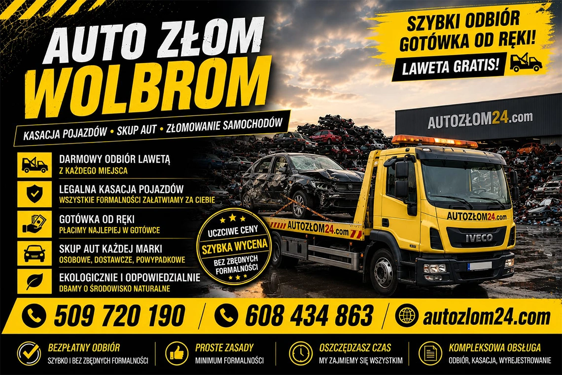 Kasacja samochodów Wolbrom i odbiór aut do demontażu