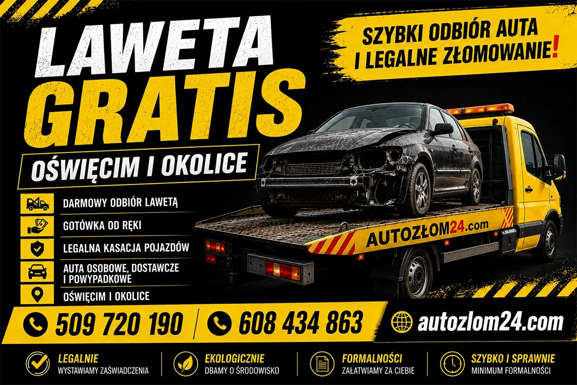 Transport uszkodzonego samochodu lawetą w Oświęcimiu