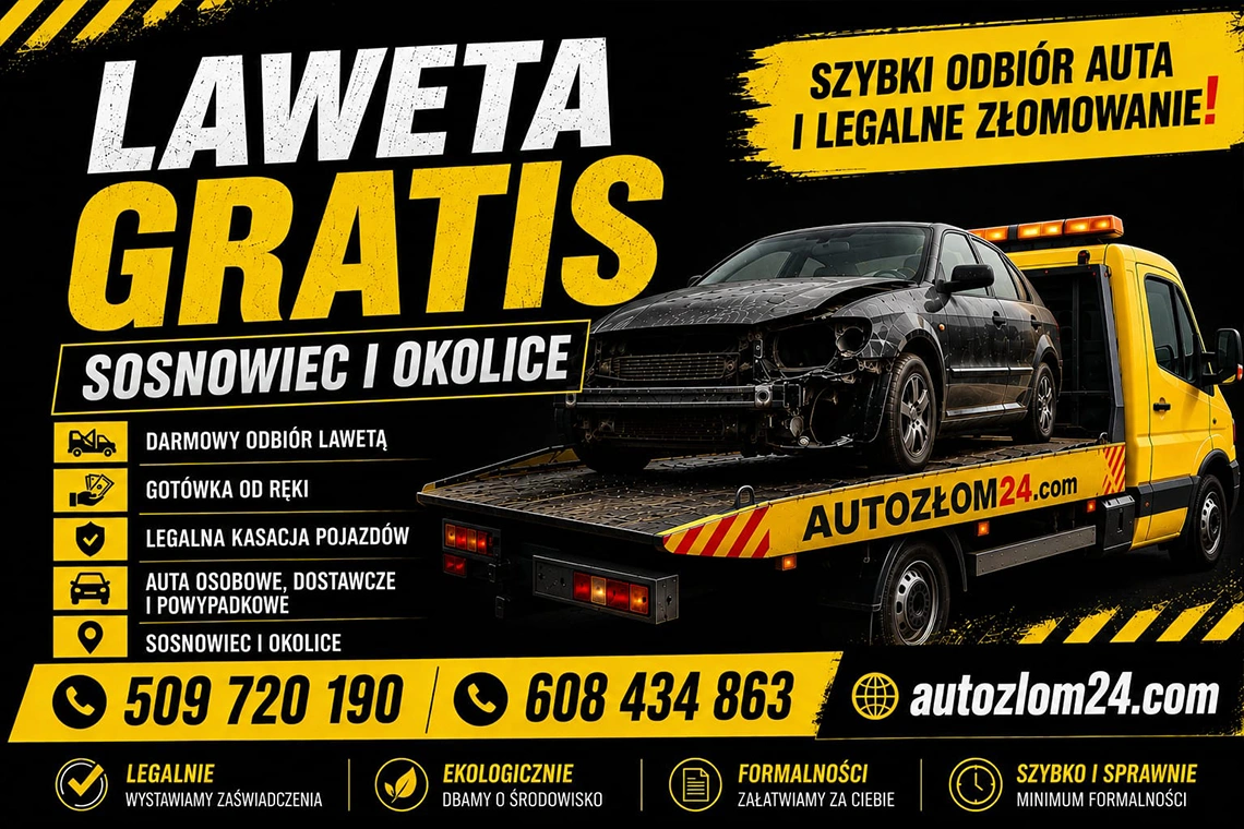 Transport uszkodzonego auta lawetą do legalnej stacji demontażu