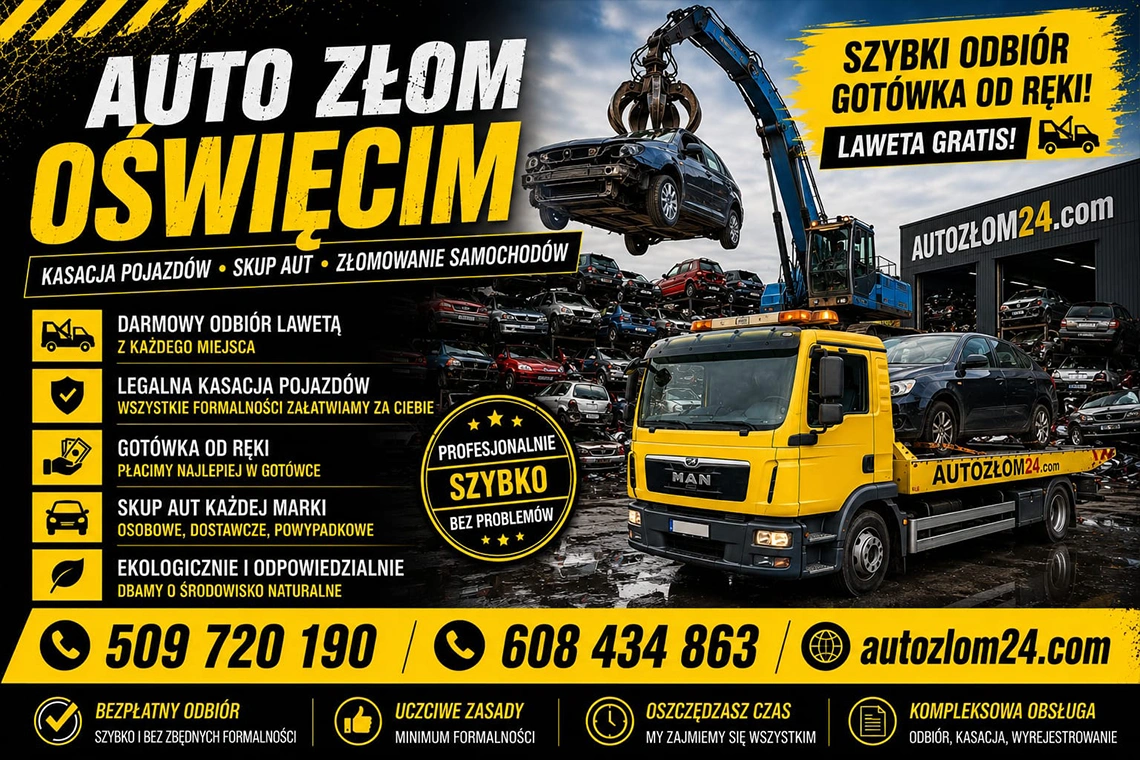 Odbiór niesprawnego samochodu lawetą w Oświęcimiu