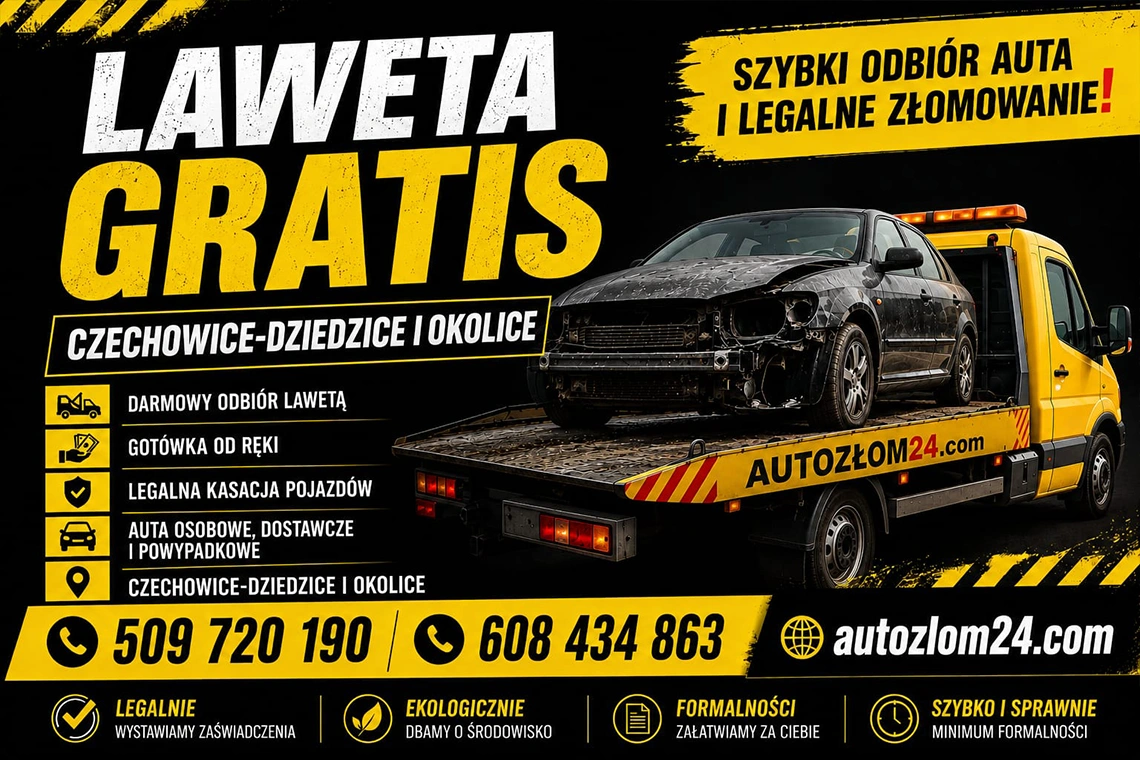 Laweta odbierająca niesprawne auto w Czechowicach-Dziedzicach