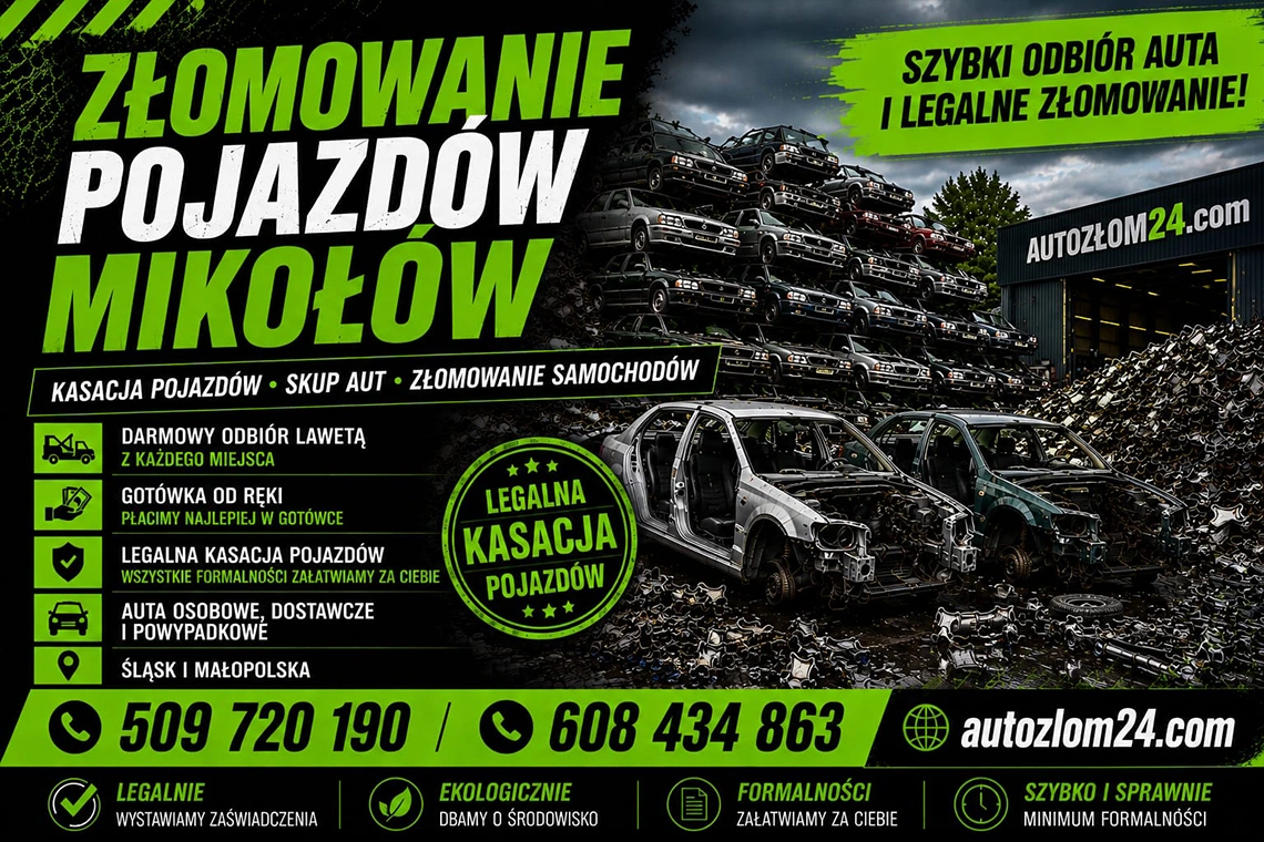 Złomowanie pojazdów Mikołów – kasacja aut z dokumentami